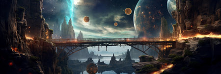 Bridge in the fantasy planet, night sky on background. AI Generativeの素材