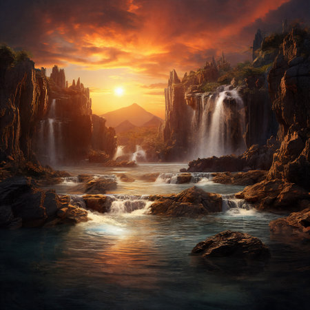 Fantasy landscape with waterfalls, sunset. Generative AIの素材