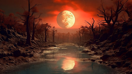 Fantasy landscape with moonrise over the river, night panorama. Generative AIの素材