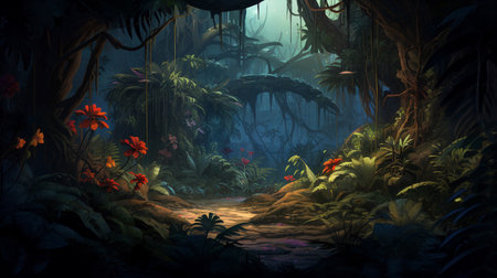 Fantasy faiey forest, flowers on the foreground. AI Generativeの素材