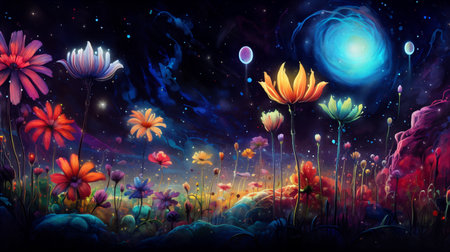 Fairy flowers on a fantasy planet, starry sky on background. Generative AIの素材