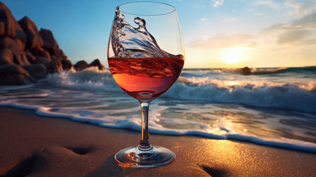 Glass of wine on the beach at sunset. Generative AIの素材