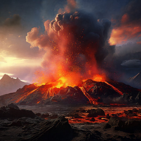 Fiery volcano erupts, chaos unleashed. Generative AIの素材