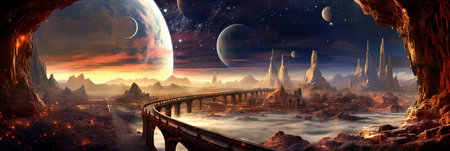 Bridge in the fantasy planet, mountains and night sky with stars and planets on background . AI Generativeの素材
