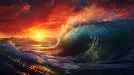 Sunset over the sea, big tube wave on the foreground, panorama . AI Generativeの素材