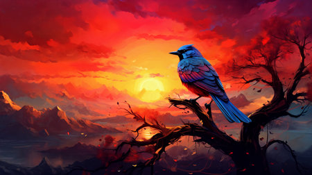 Birds grace sunset mountains, nature's masterpiece.. Generative AIの素材
