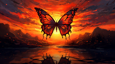 Butterfly grace sunset mountains, nature's masterpiece.. Generative AIの素材