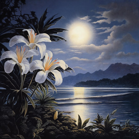 Illustration of the full moon rises brightly over the sea. Generative AIの素材