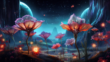 Fairy flowers on a fantasy planet, starry sky on background. Generative AIの素材
