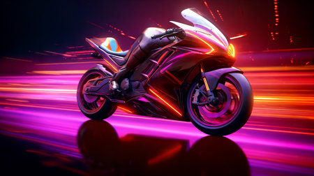 Futuristic fantasy motorbike on highway with neon light. AI Generativeの素材
