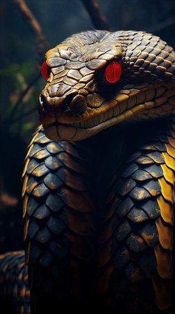 Sinuous snake in closeup, red eyes, revealing its primal power and fierce essence, a moment frozen in time that captures the mesmerizing allure and hypnotic danger dwelling within the serpentine realm. Generative AIの素材