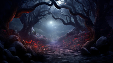 Illustration of a spooky forest unveils an ethereal realm shrouded in mystery, where gnarled trees, creeping shadows, and an eerie atmosphere coalesce. Generative AIの素材