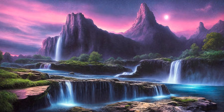 Fantasy landscape with waterfalls, night sky on the background. Generative AIの素材