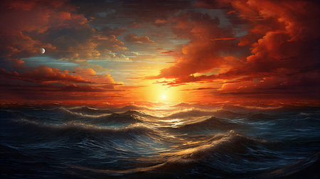 Sunset over the sea, waves on the foreground, panorama . AI Generativeの素材