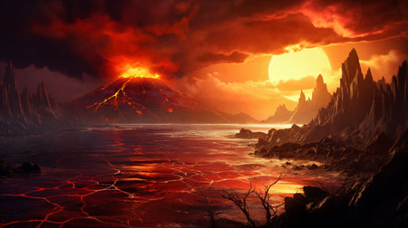 Volcano erupts in a vibrant sunset panorama, unleashing fiery forces that paint the sky with a captivating display of power. AI Generative.の素材