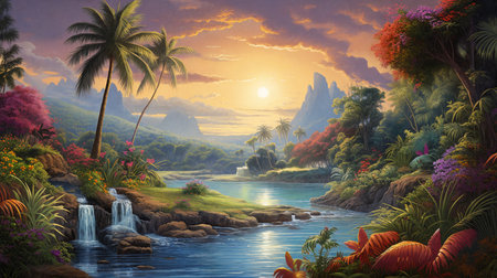 A tropical paradise unfolds with a picturesque river, majestic mountains, glowing sunset, swaying palm trees, and a cascading waterfall. AI Generative.の素材