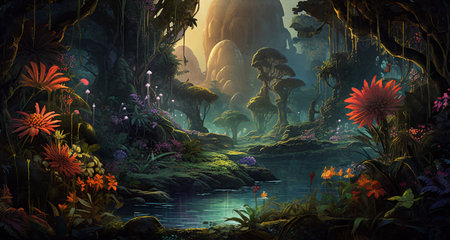 In a fantasy forest, a tranquil river . AI Generative.の素材