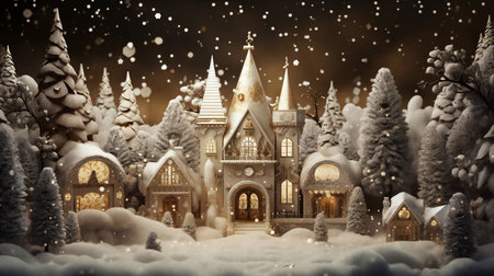 Snow-covered village glows under a starlit sky. AI Generativeの素材