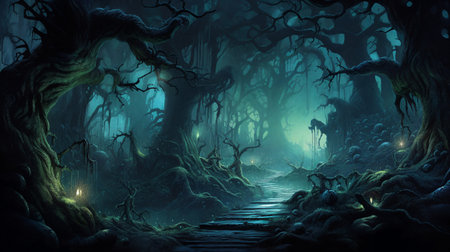 Illustration of a spooky forest unveils an ethereal realm shrouded in mystery. Generative AIの素材