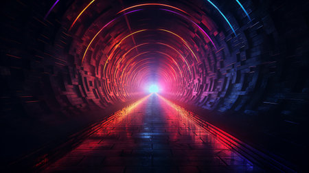 Illustration portraying a vivid and mysterious dark cylindrical tunnel. An enigmatic journey. Generative AI.の素材