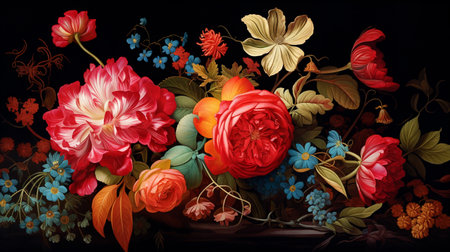 An enchanting illustration featuring a vibrant background of colorful vintage flowers. Generative AI.の素材