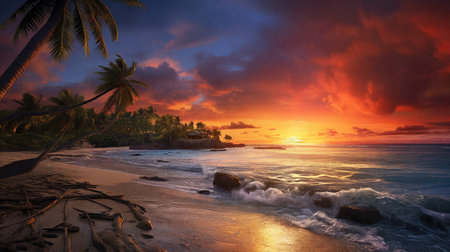 A captivating illustration capturing the mesmerizing beauty of a beach sunset. Generative AI.の素材