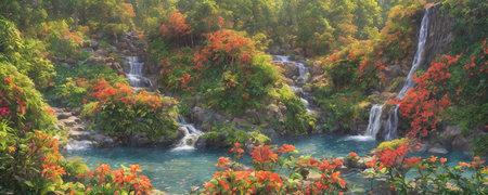 Fantasy landscape with waterfalls, flowers and tropical plants on foreground, panorama. Generative AIの素材