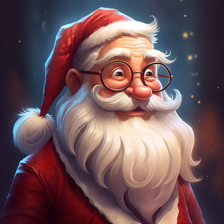 A jovial cartoon portrait of Santa Claus, exuding festive cheer with his rosy cheeks and merry expression. Generative AI.の素材