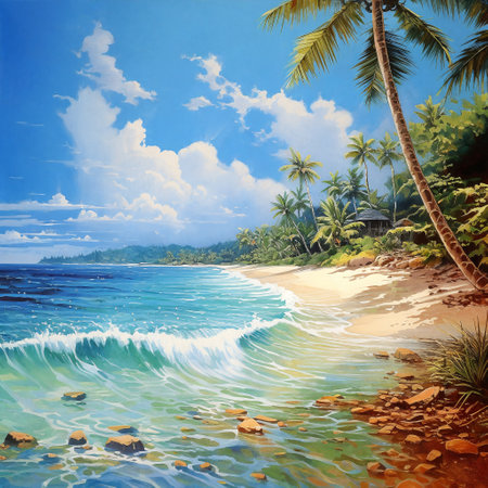 Tropical island, paradise, sandy beach surrounded palms . AI Generativeの素材