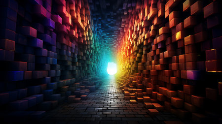 Illustration portraying a vivid and mysterious dark tunnel, where a captivating light emerges at the end. An enigmatic journey.の素材