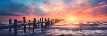 A tranquil scene of a wooden jetty stretching out into the golden sea, framed by a stunning sunset skyの素材