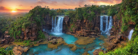 Fantasy landscape with waterfall at sunset, panorama.の素材