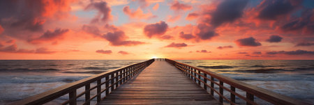 A tranquil scene of a wooden jetty stretching out into the golden sea, framed by a stunning sunset skyの素材