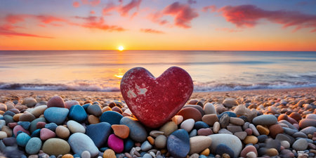 Heart-shaped stone on a pebble beach, illuminated by the warm colors of a sunset. A romantic scene perfect for expressing love.の素材
