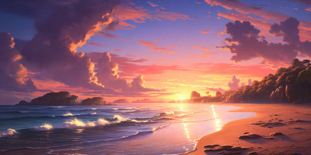 A breathtaking view of a pink-sand beach at sunset, with vibrant hues of blue and pink filling up the sky, promising a serene eveningの素材