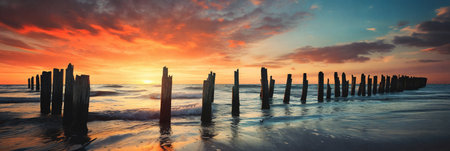 A tranquil scene of a broken wooden jetty stretching out into the golden sea, framed by a stunning sunset skyの素材