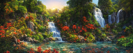 Fantasy landscape with waterfalls, flowers and tropical plants on foreground, panorama.の素材