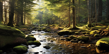 A breathtaking forest river panorama, with rays of light shining through the trees, illuminating the serene landscapeの素材