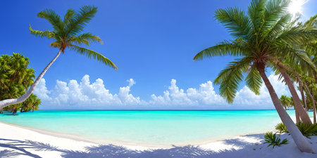 Sea stretches alongside a long white beach, where a gracefully curved palm tree sways in the breeze.の素材
