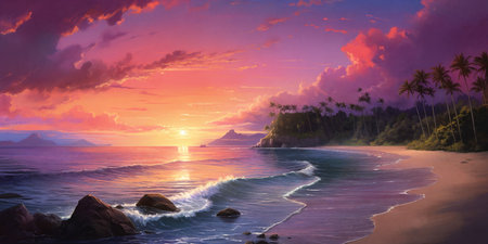 A breathtaking view of a pink-sand beach at sunset, with vibrant hues of blue and pink filling up the sky, promising a serene eveningの素材