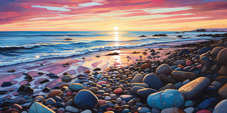 A vibrant sunset over a pebble beach painted with a colorful palette, casting a warm glow upon the shimmering waves and rocky shoreの素材