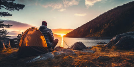 Rear view of a man and a hiking tent nestled in the mountains, with a stunning sunset casting warm hues over the trail landscape. Panoramaの素材