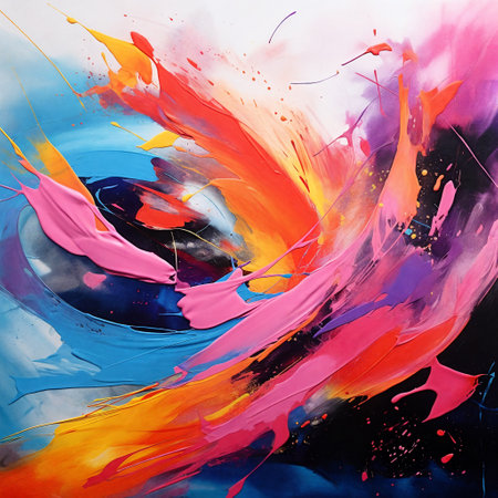 Abstract modern splash painting mesmerizes with vibrant colors and dynamic brushstrokes, pulsating with energy and evoking a sense of captivating chaos. AI Generativeの素材