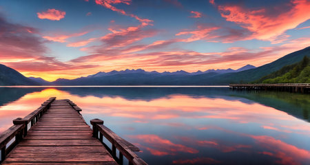Wooden pier on a lake at sunset, with mountains in the background. Generative AIの素材