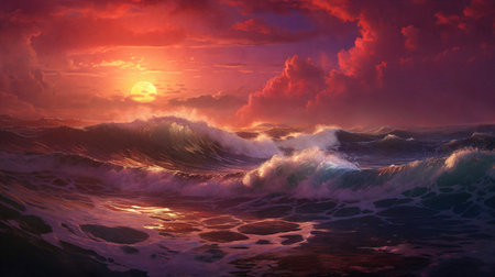 Sunset over the sea, waves on the foreground, panorama . AI Generativeの素材