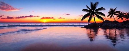 Seascape panorama with palm trees at sunset. Generative AI.の素材