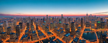 Evening city skyline. Cityscape at dusk, emphasizing the glittering lights, reflections, and architectural features of urban landscapes. Generative AIの素材