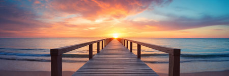 A vibrant sunset paints the sky over a serene lake, casting a radiant glow on a peaceful wooden pier. Generative AIの素材