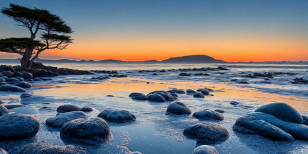 A serene pebble beach glows under the warm hues of the setting sun, casting long shadows as the waves gently caress the shoreline. Generative AIの素材