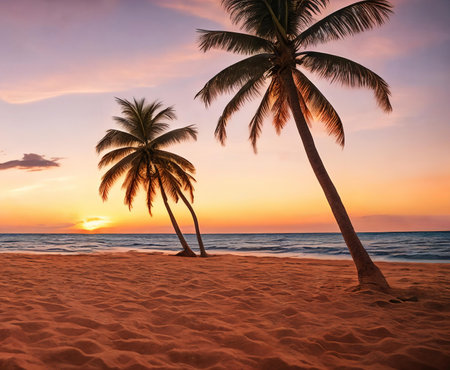 A sunset paints the sky in hues of orange pink over a tranquil beach with a palm tree swaying gently. Waves kiss the shore. Generative AI.の素材